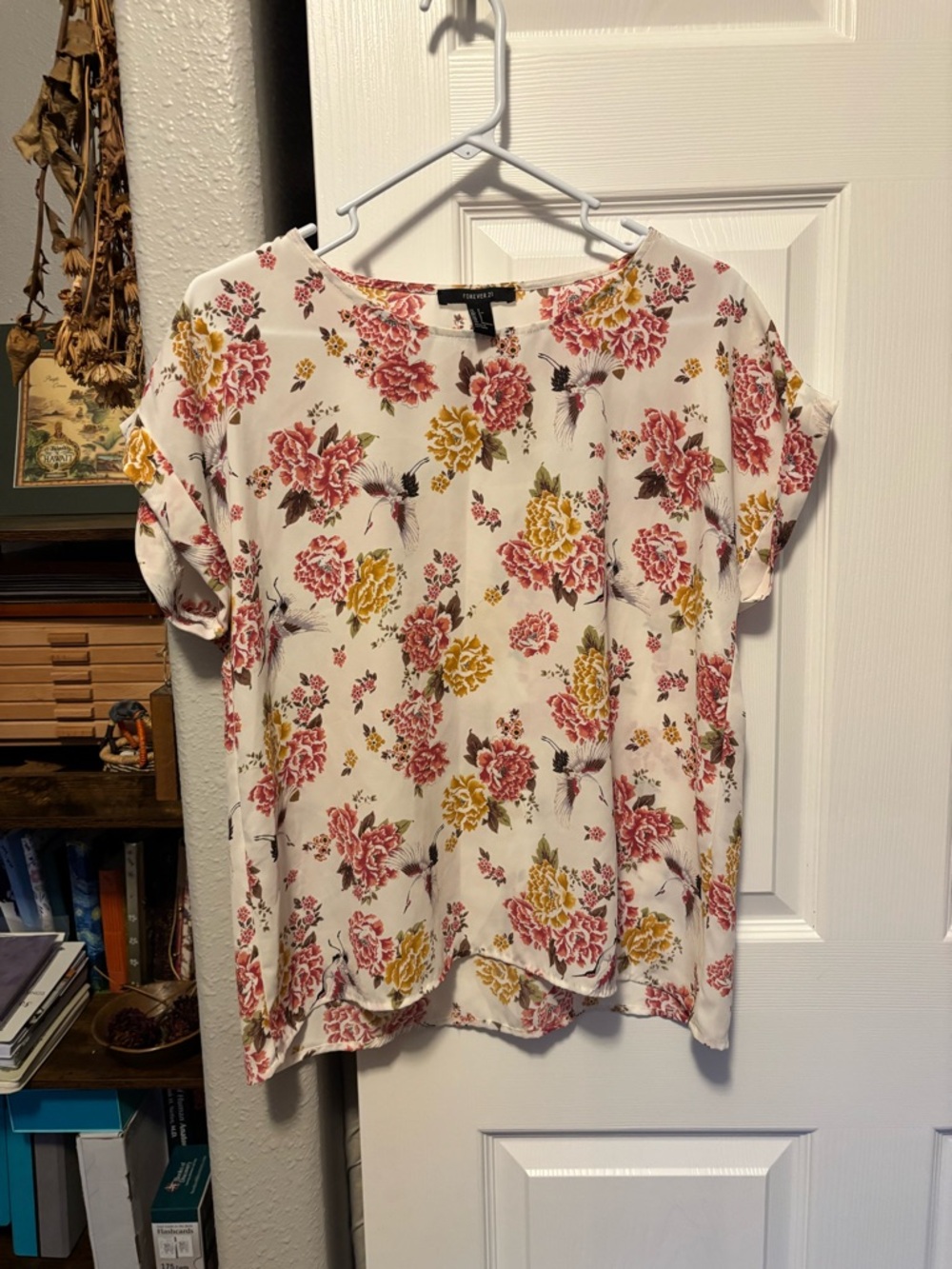 Floral Short Sleeve Blouse - Cream with Pink & Mustard Flowers